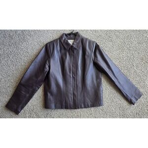 Tribeca Studio Womens Leather Jacket Dark Burgundy Brown Zip Up Minimalist L